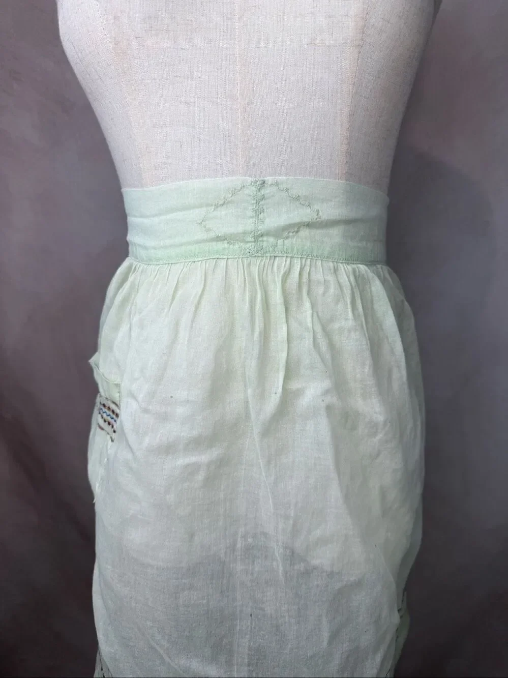 Vintage 1950s Green Half Apron Sheer Embroidered Kitschy